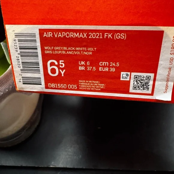 Nike Air VaporMax Gray White Volt Youth Shoes Sneakers Size 6.5 With Box - Picture 13 of 16